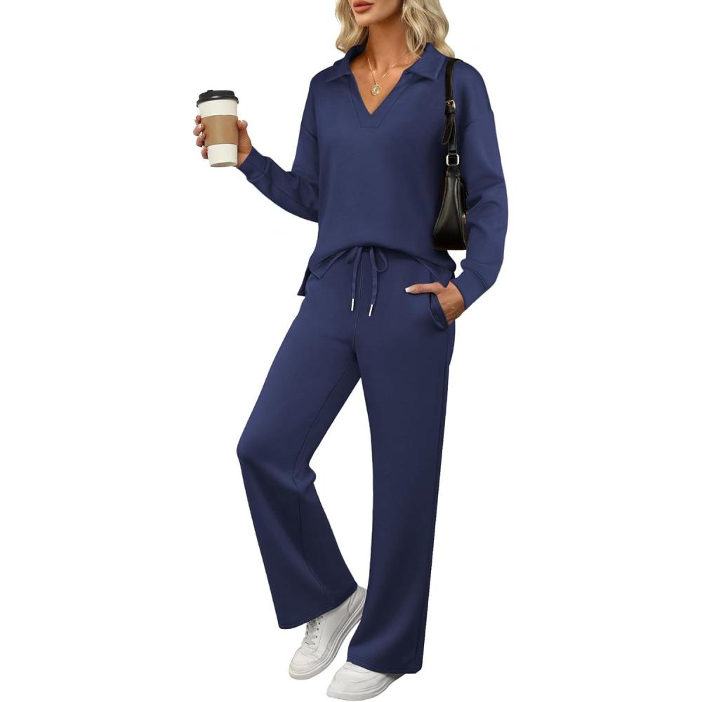 imageANRABESS Womens 2 Piece Outfits Lounge Sets Casual Long Sleeve Sweatsuits Polo Top Wide Leg Pants Fall Sweat Matching SetsNavy Blue
