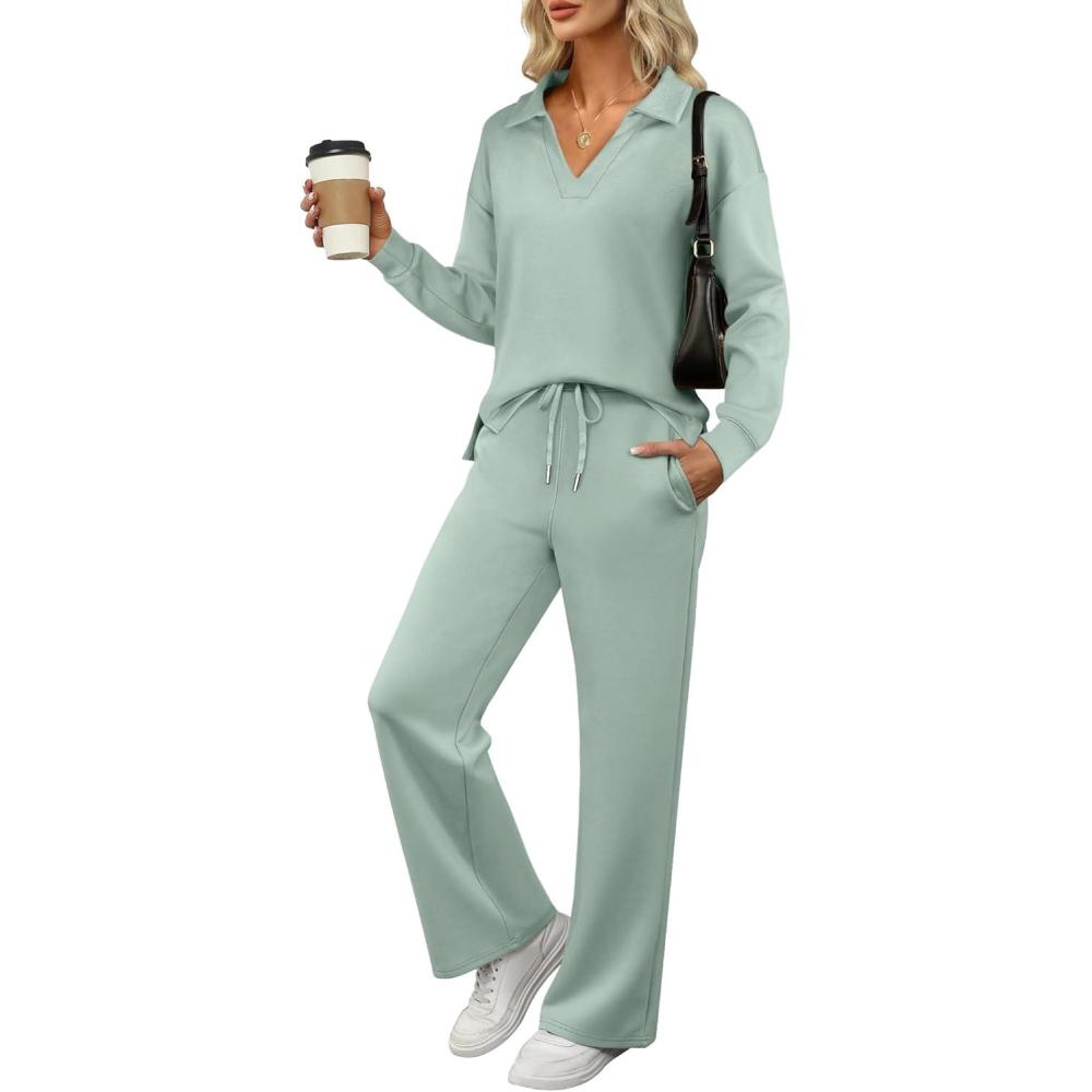 imageANRABESS Womens 2 Piece Outfits Lounge Sets Casual Long Sleeve Sweatsuits Polo Top Wide Leg Pants Fall Sweat Matching SetsPea Green