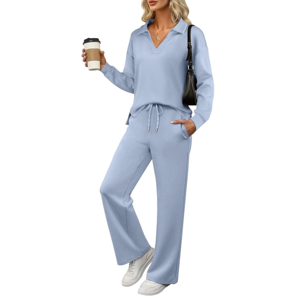 imageANRABESS Womens 2 Piece Outfits Lounge Sets Casual Long Sleeve Sweatsuits Polo Top Wide Leg Pants Fall Sweat Matching SetsSky Blue