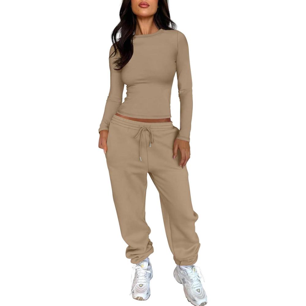 imageANRABESS Womens 2 Piece Sweatsuits Long Sleeve Tight Shirt Tops Joggers Fleece Sweatpants Sets 2025 Fall Sweat Lounge OutfitsKhaki