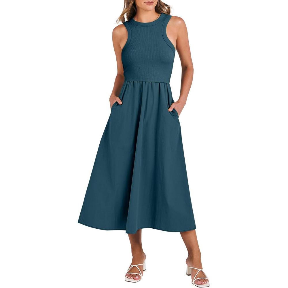 imageANRABESS Womens 2025 Summer Casual Maxi Dress A line Tiered Flowy Short Sleeve Crewneck T Shirt Beach Travel Long DressesCyan