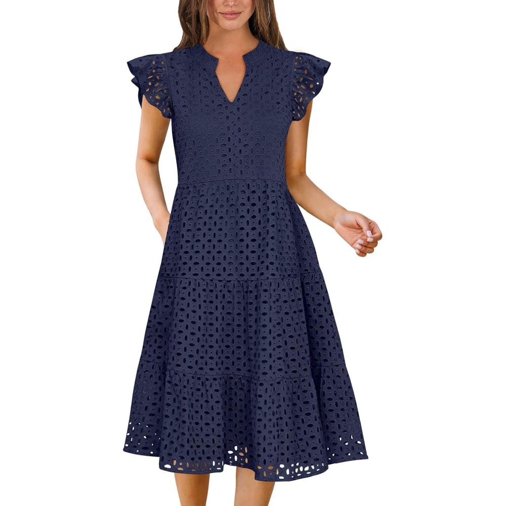 imageANRABESS Womens 2025 Summer Midi Dress Hollow Out Eyelet Ruffle Sleeve V Neck Casual Flowy Tiered Beach Vacation SundressNavy Blue