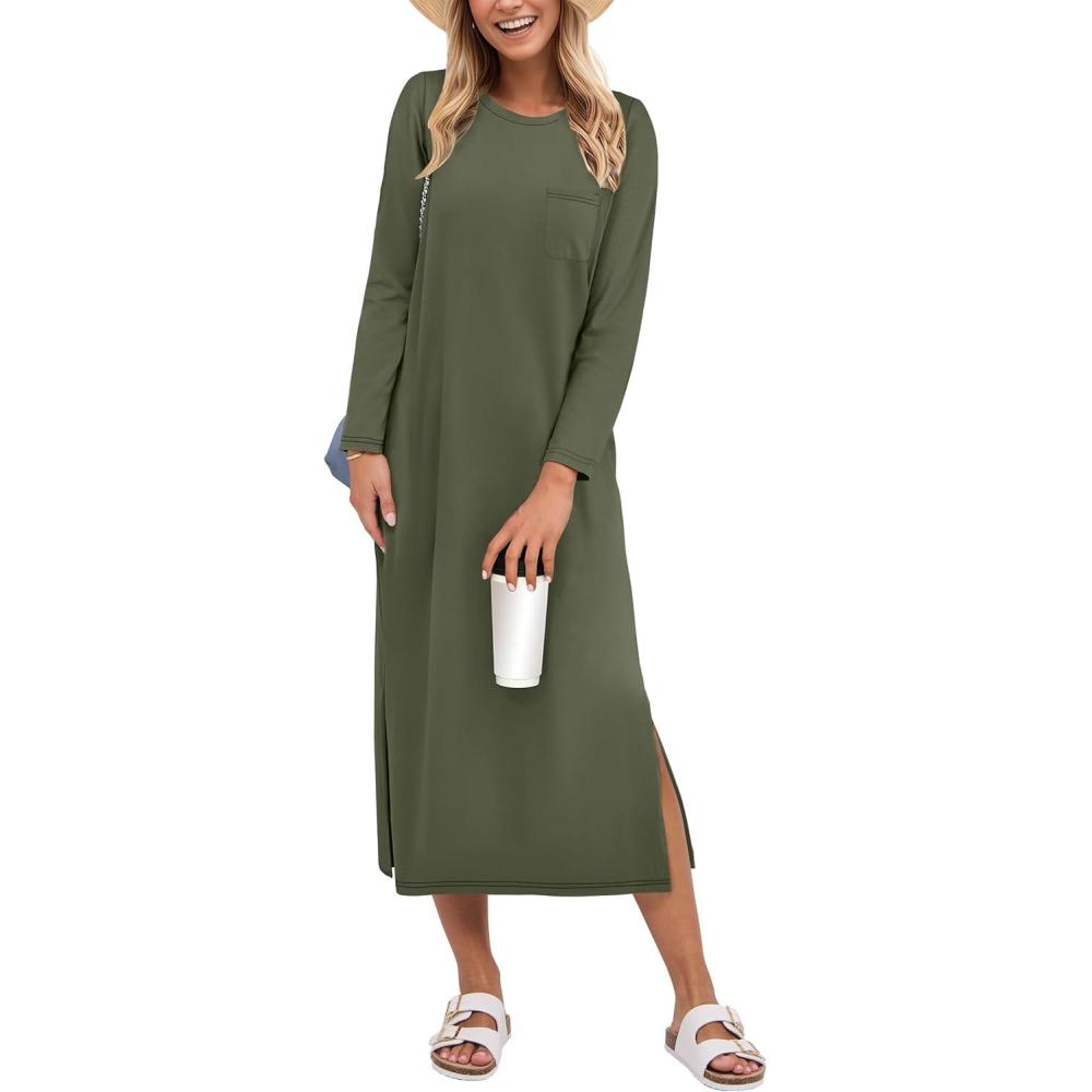 imageANRABESS Womens 34 Long Sleeve Striped Slit Midi T Shirt Dresses with Pockets 2025 Dressy Casual Fall Fashion Travel OutfitsArmy Green