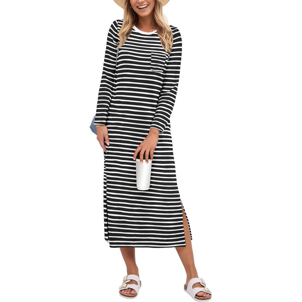 imageANRABESS Womens 34 Long Sleeve Striped Slit Midi T Shirt Dresses with Pockets 2025 Dressy Casual Fall Fashion Travel OutfitsBlack White Stripe