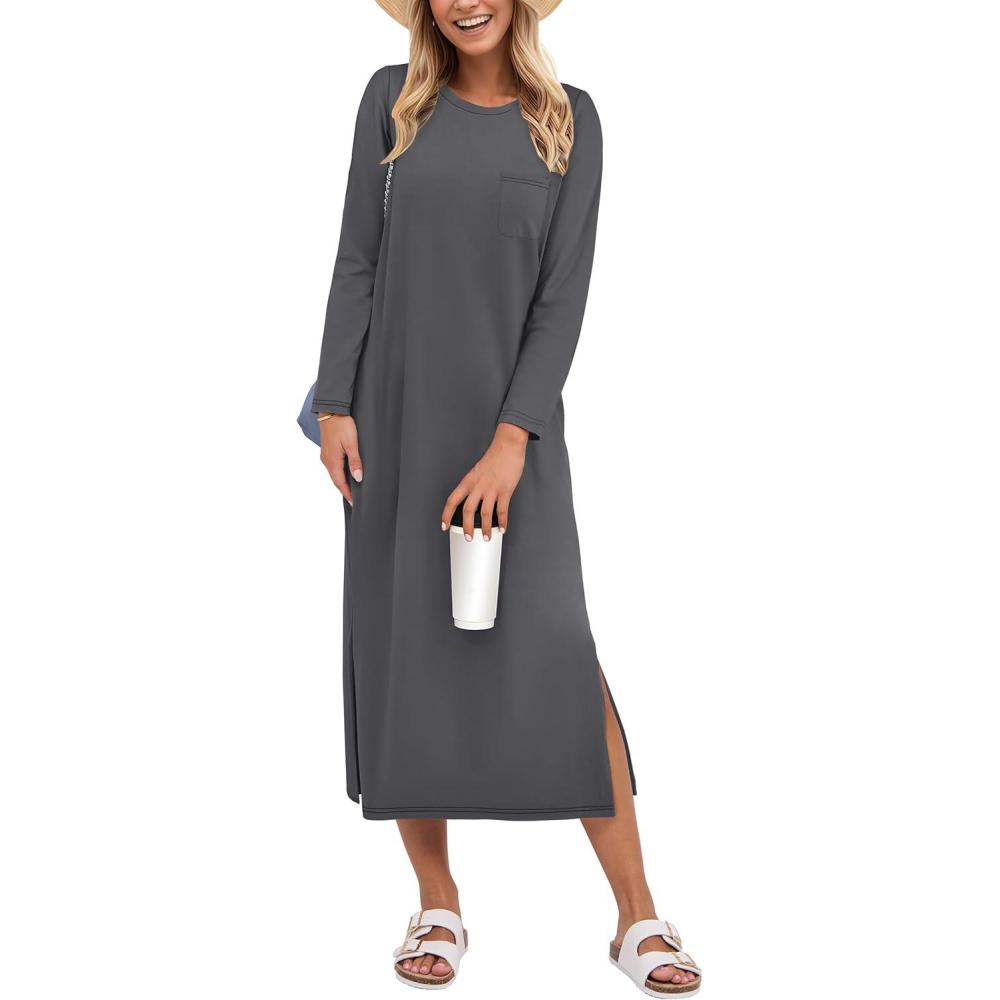 imageANRABESS Womens 34 Long Sleeve Striped Slit Midi T Shirt Dresses with Pockets 2025 Dressy Casual Fall Fashion Travel OutfitsGray