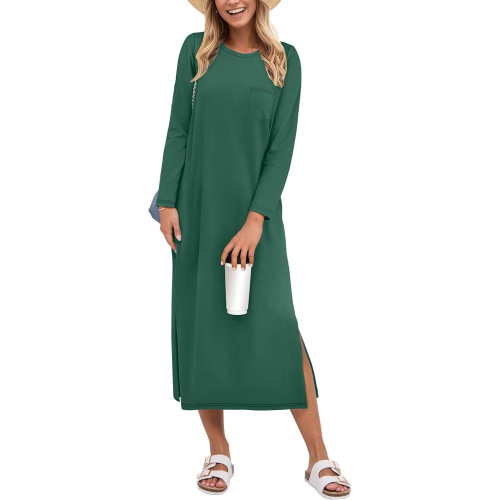 imageANRABESS Womens 34 Long Sleeve Striped Slit Midi T Shirt Dresses with Pockets 2025 Dressy Casual Fall Fashion Travel OutfitsGreen