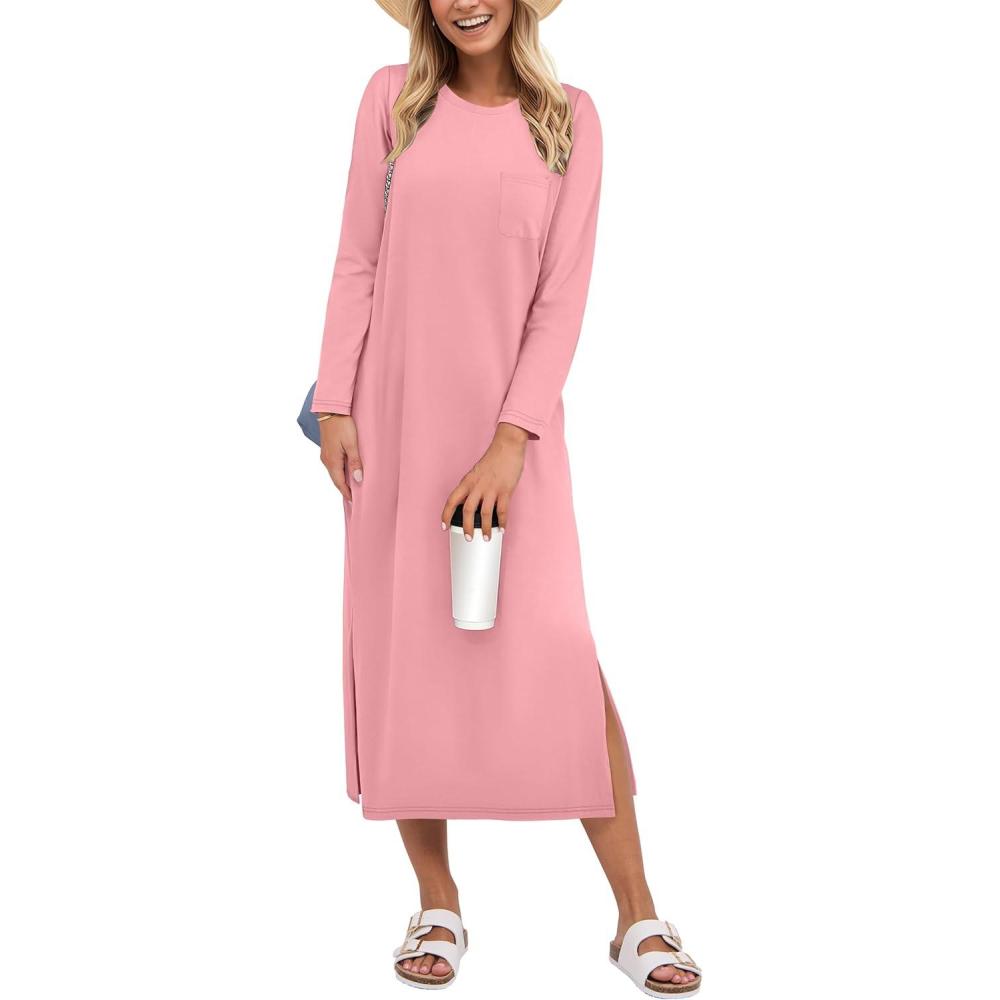 imageANRABESS Womens 34 Long Sleeve Striped Slit Midi T Shirt Dresses with Pockets 2025 Dressy Casual Fall Fashion Travel OutfitsPink