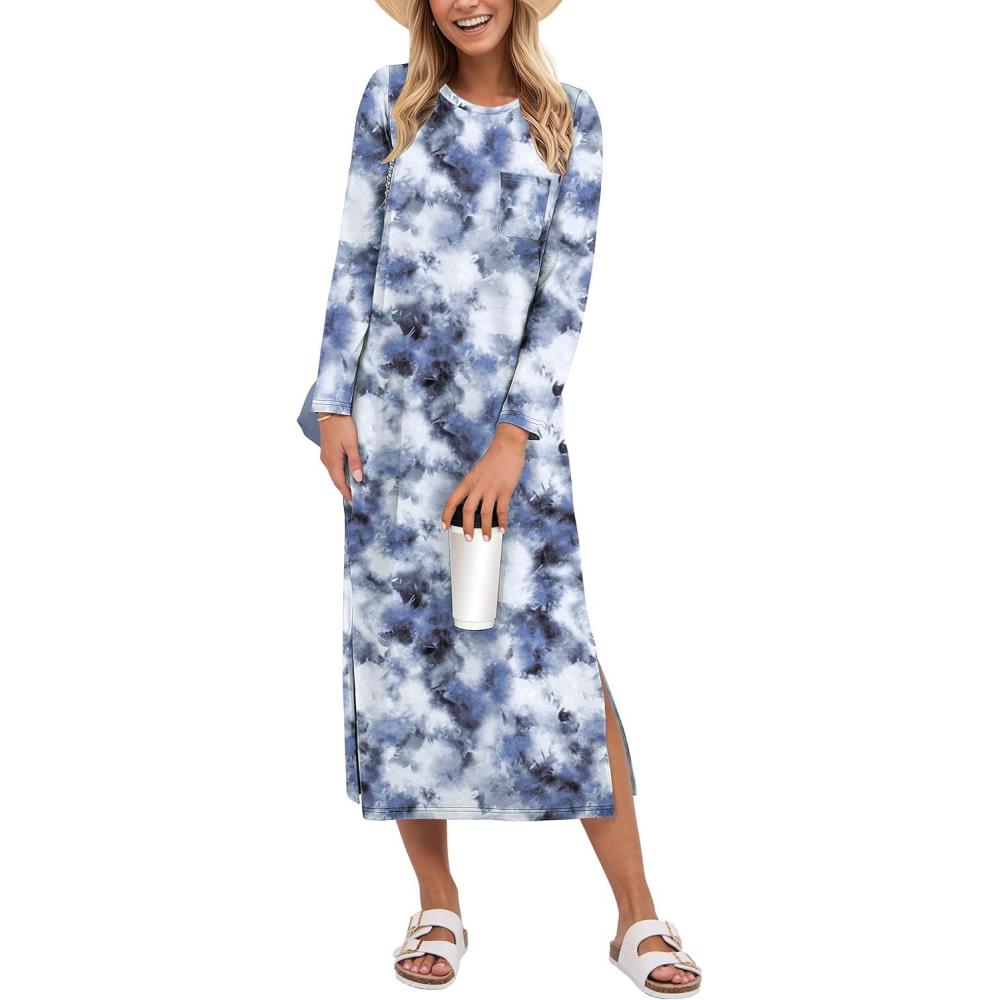 imageANRABESS Womens 34 Long Sleeve Striped Slit Midi T Shirt Dresses with Pockets 2025 Dressy Casual Fall Fashion Travel OutfitsPrint Blue Black