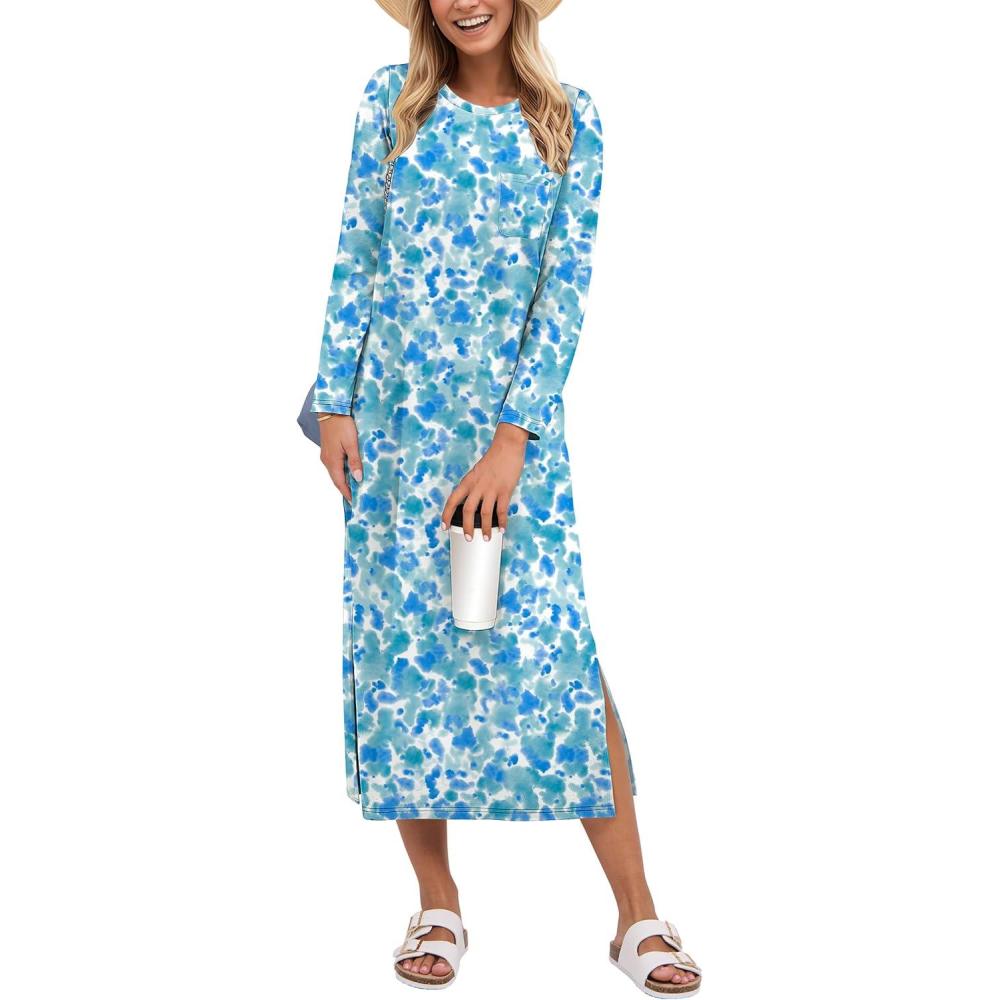 imageANRABESS Womens 34 Long Sleeve Striped Slit Midi T Shirt Dresses with Pockets 2025 Dressy Casual Fall Fashion Travel OutfitsPrint Lake Blue