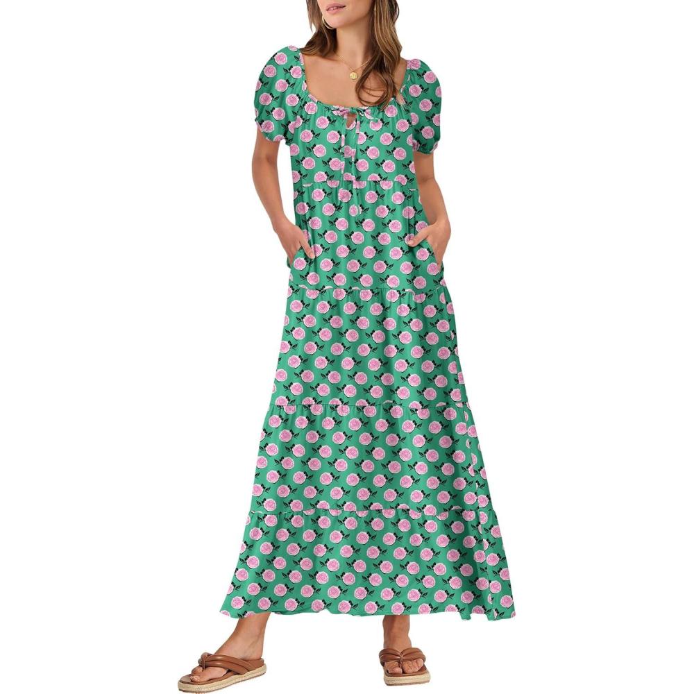 imageANRABESS Womens Boho Maxi Dresses 2025 Summer Casual Floral Puff Short Sleeve Tie Front Flowy Swing Tiered Long Beach DressGreen
