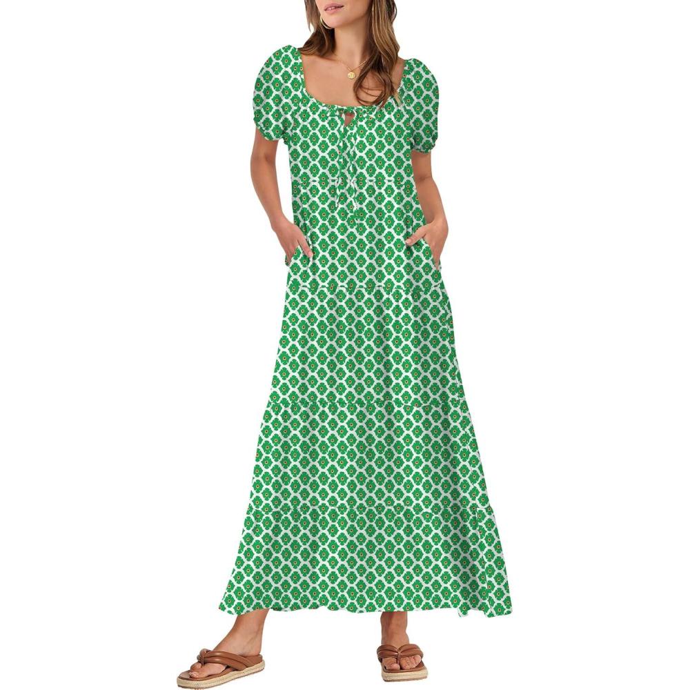 imageANRABESS Womens Boho Maxi Dresses 2025 Summer Casual Floral Puff Short Sleeve Tie Front Flowy Swing Tiered Long Beach DressLight Green