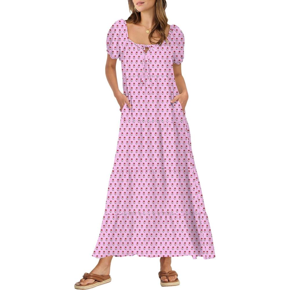 imageANRABESS Womens Boho Maxi Dresses 2025 Summer Casual Floral Puff Short Sleeve Tie Front Flowy Swing Tiered Long Beach DressPink Purple Floral