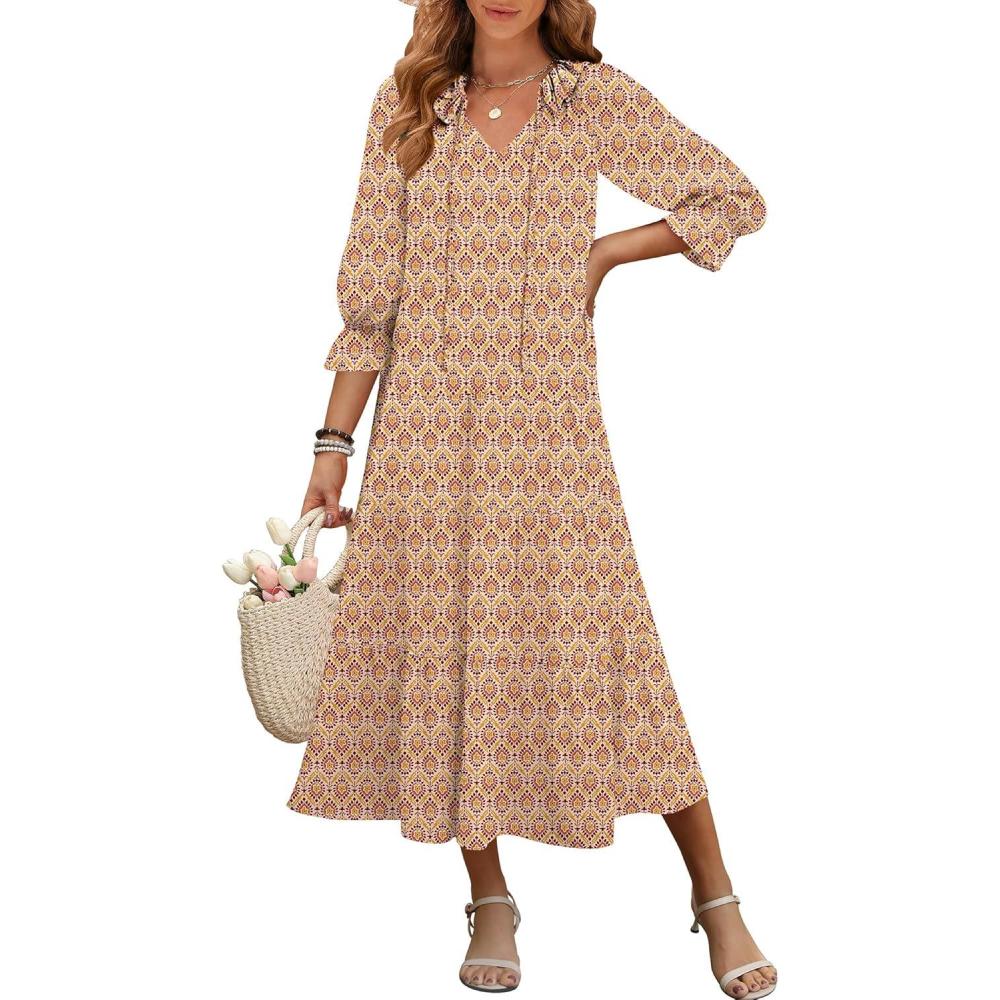 imageANRABESS Womens Boho Maxi Dresses 2025 Summer Casual V Neck Puff Sleeve Floral Tiered Flowy Swing Beach Vacation Long DressFloral Apricot Red