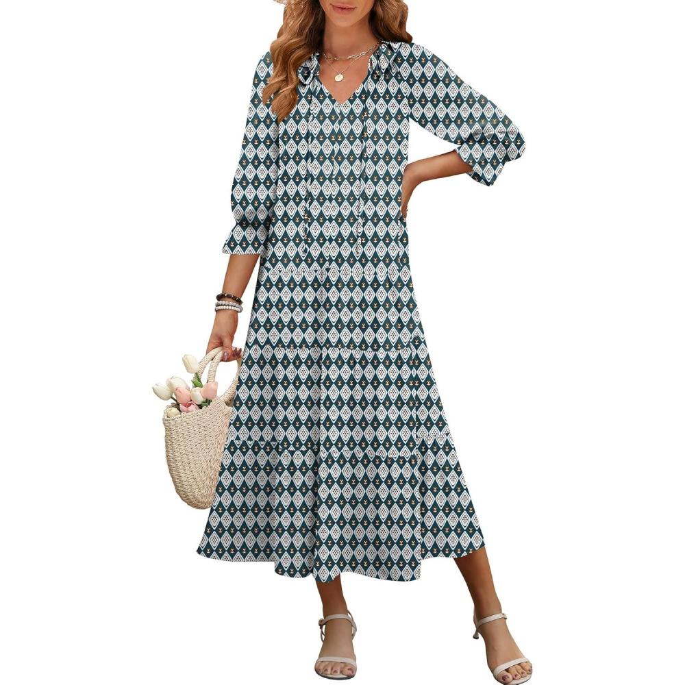 imageANRABESS Womens Boho Maxi Dresses 2025 Summer Casual V Neck Puff Sleeve Floral Tiered Flowy Swing Beach Vacation Long DressFloral Dark Green