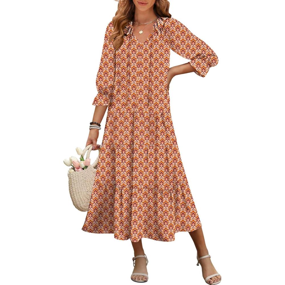 imageANRABESS Womens Boho Maxi Dresses 2025 Summer Casual V Neck Puff Sleeve Floral Tiered Flowy Swing Beach Vacation Long DressFloral Orange