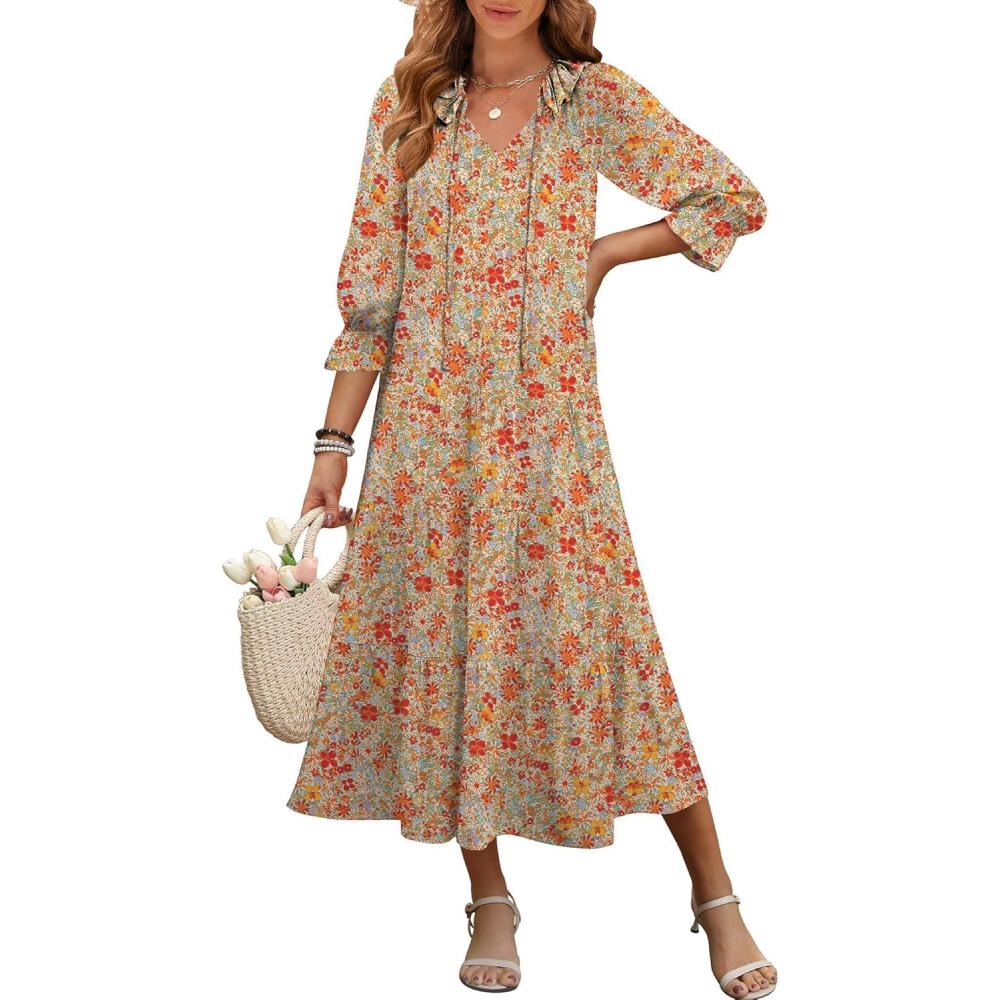 imageANRABESS Womens Boho Maxi Dresses 2025 Summer Casual V Neck Puff Sleeve Floral Tiered Flowy Swing Beach Vacation Long DressFloral Orange Red