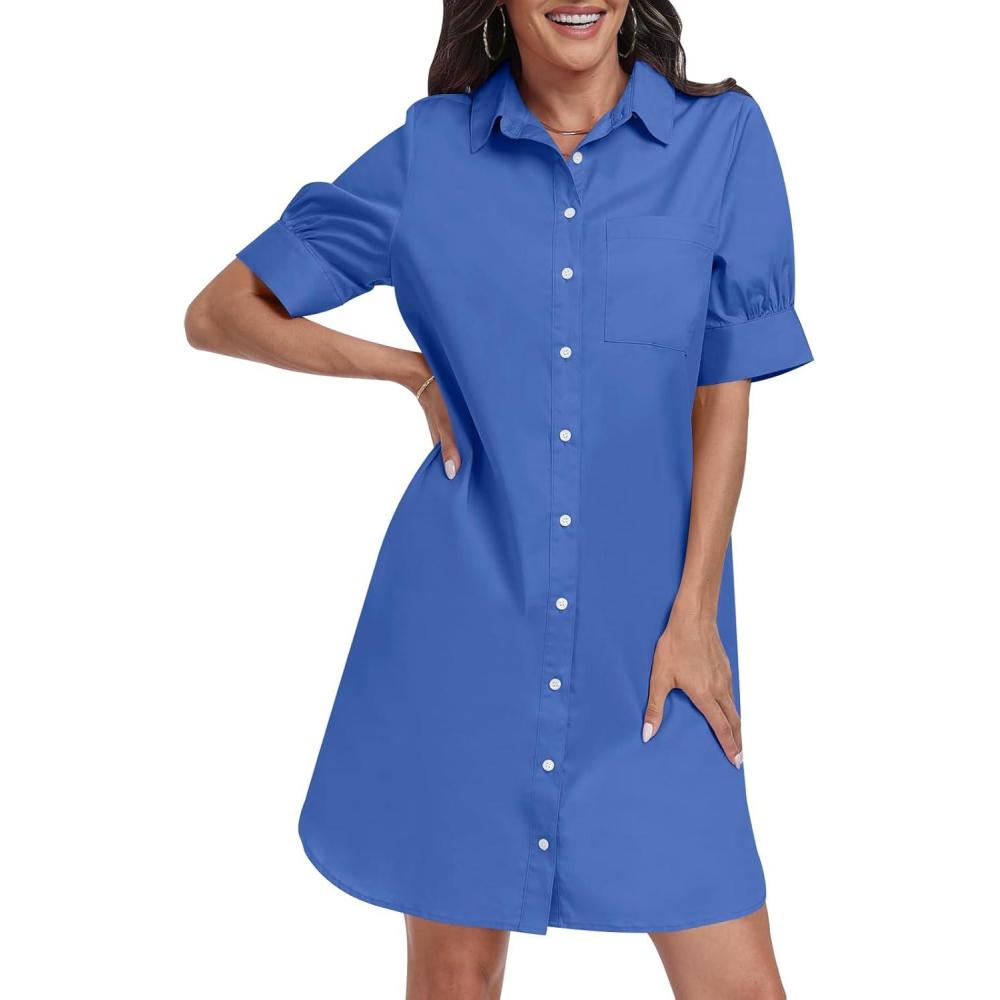 imageANRABESS Womens Button Down Shirt Dress Summer Short Sleeve Business Casual Shift Dresses with Pockets 2025 TrendyDeep Blue