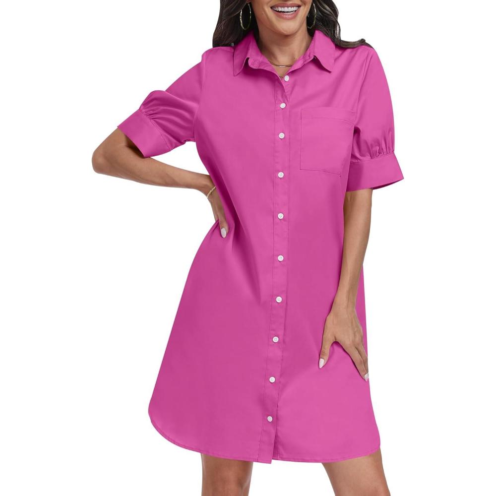 imageANRABESS Womens Button Down Shirt Dress Summer Short Sleeve Business Casual Shift Dresses with Pockets 2025 TrendyHot Pink