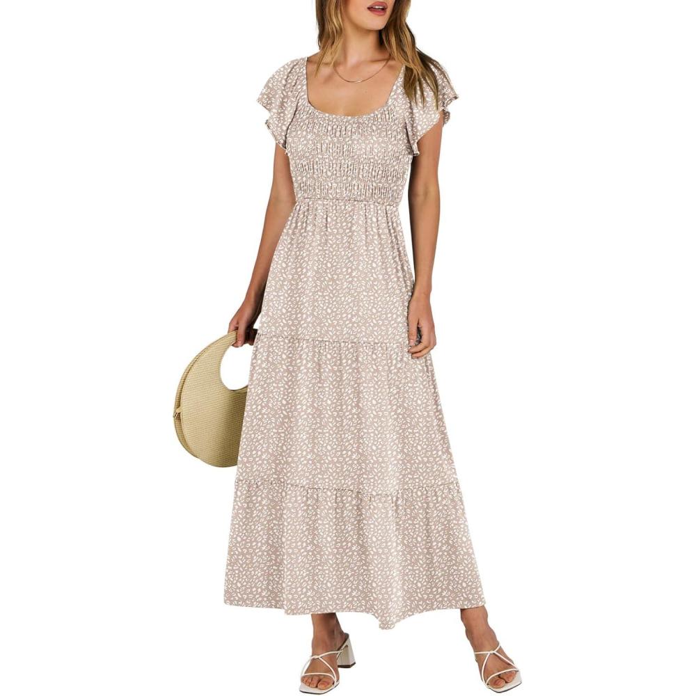 imageANRABESS Womens Casual Summer Maxi Dress Flutter Short Sleeve Scoop Neck Smocked A Line Flowy Beach Vacation Long DressesBeige Floral