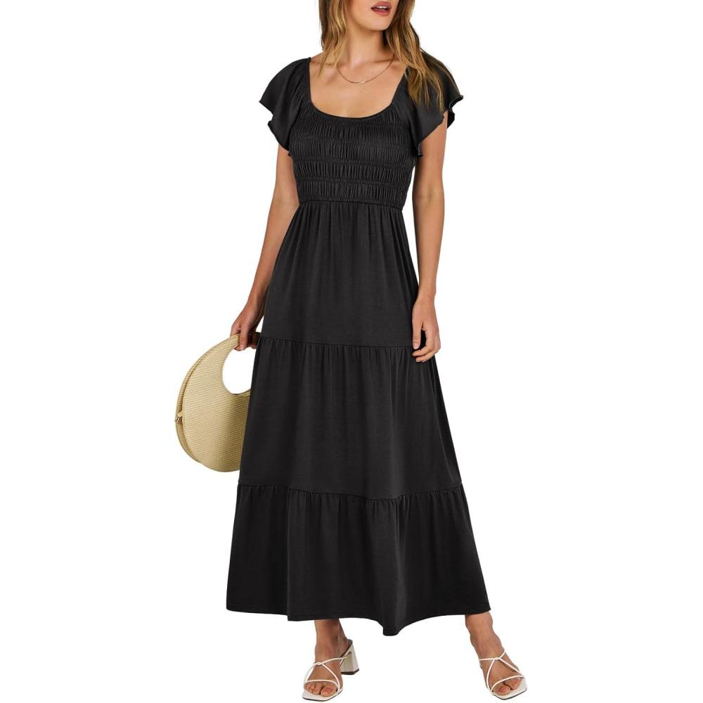 imageANRABESS Womens Casual Summer Maxi Dress Flutter Short Sleeve Scoop Neck Smocked A Line Flowy Beach Vacation Long DressesBlack