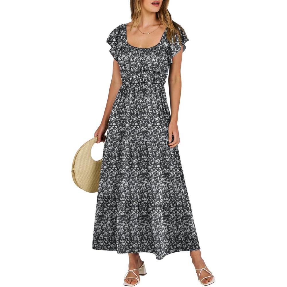 imageANRABESS Womens Casual Summer Maxi Dress Flutter Short Sleeve Scoop Neck Smocked A Line Flowy Beach Vacation Long DressesBlack Floral