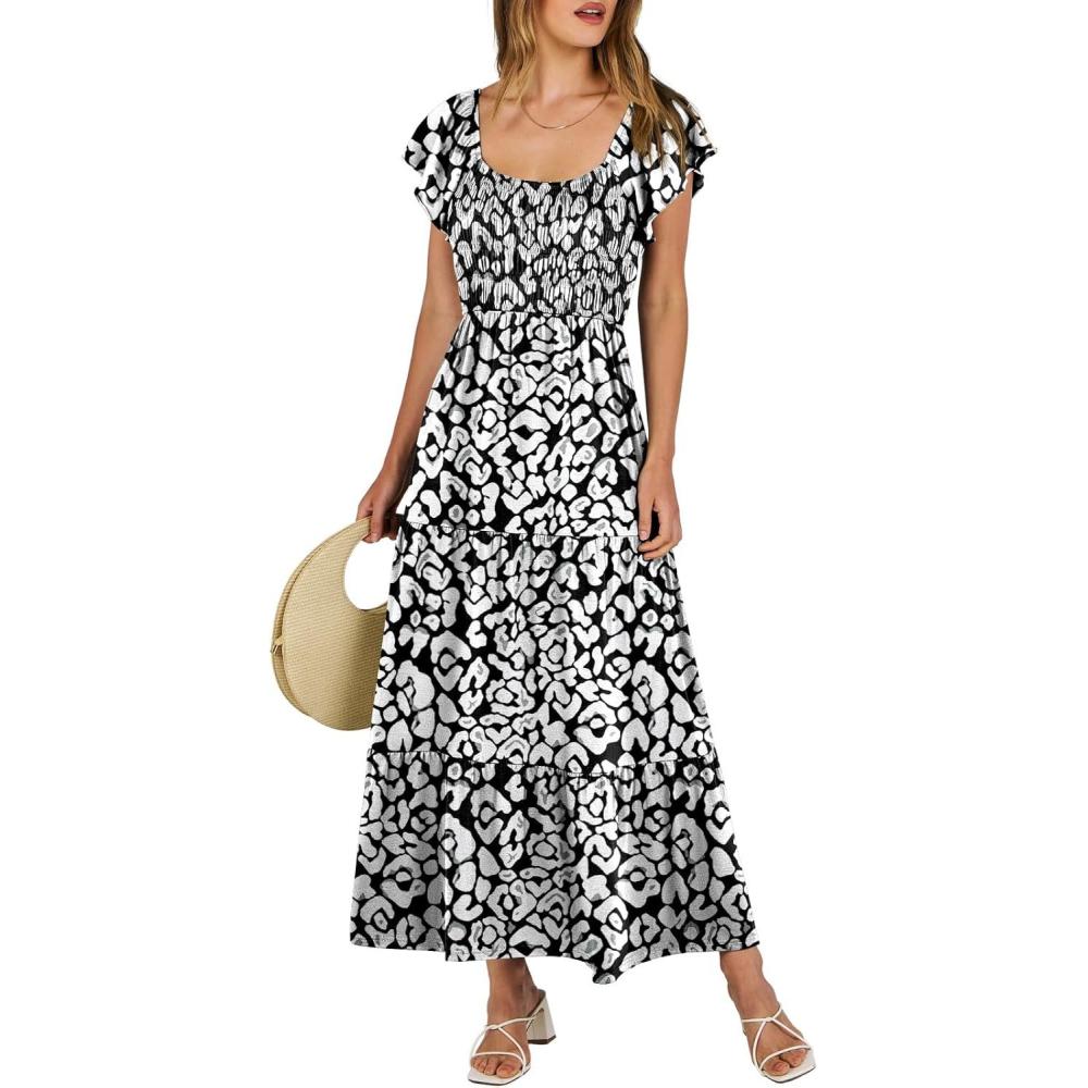 imageANRABESS Womens Casual Summer Maxi Dress Flutter Short Sleeve Scoop Neck Smocked A Line Flowy Beach Vacation Long DressesBlack White Floral