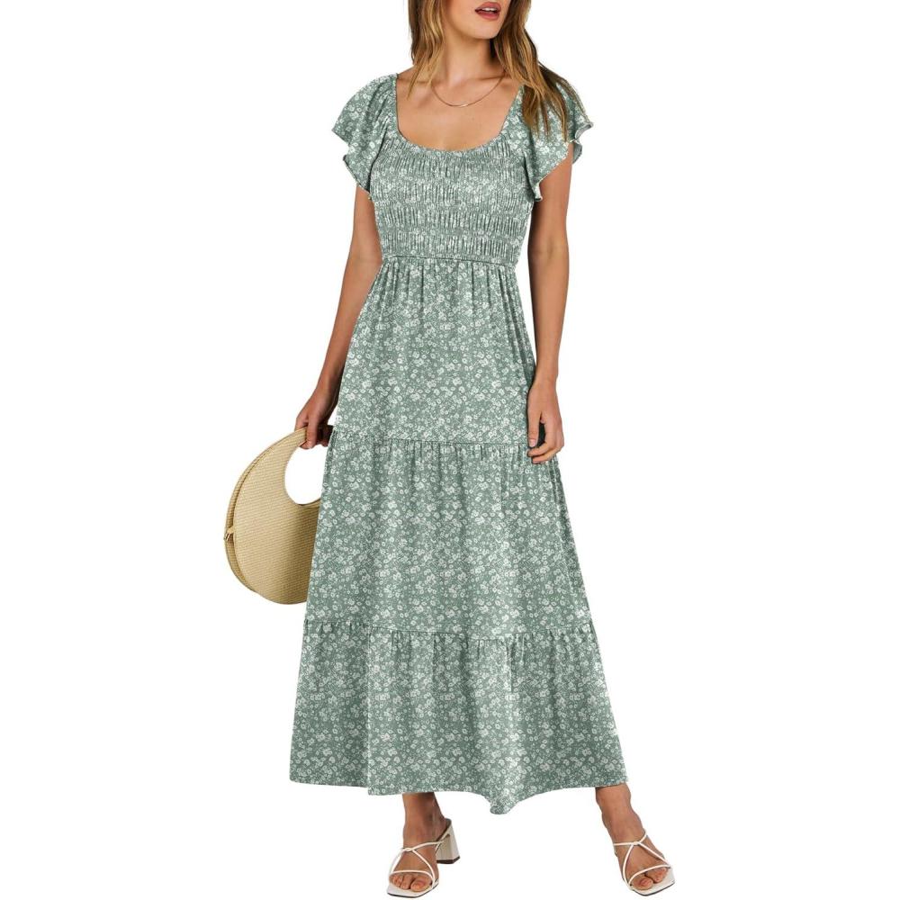 imageANRABESS Womens Casual Summer Maxi Dress Flutter Short Sleeve Scoop Neck Smocked A Line Flowy Beach Vacation Long DressesGreen Floral