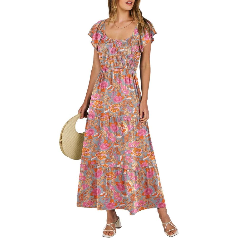 imageANRABESS Womens Casual Summer Maxi Dress Flutter Short Sleeve Scoop Neck Smocked A Line Flowy Beach Vacation Long DressesGreygreen Floral