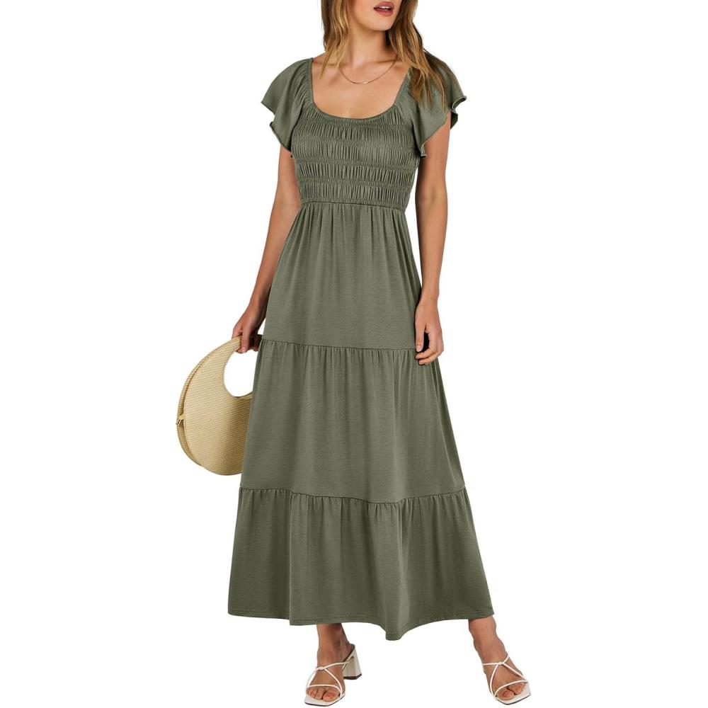 imageANRABESS Womens Casual Summer Maxi Dress Flutter Short Sleeve Scoop Neck Smocked A Line Flowy Beach Vacation Long DressesOlive