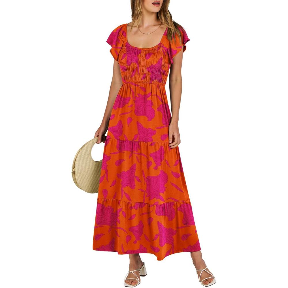 imageANRABESS Womens Casual Summer Maxi Dress Flutter Short Sleeve Scoop Neck Smocked A Line Flowy Beach Vacation Long DressesOrange Red Floral