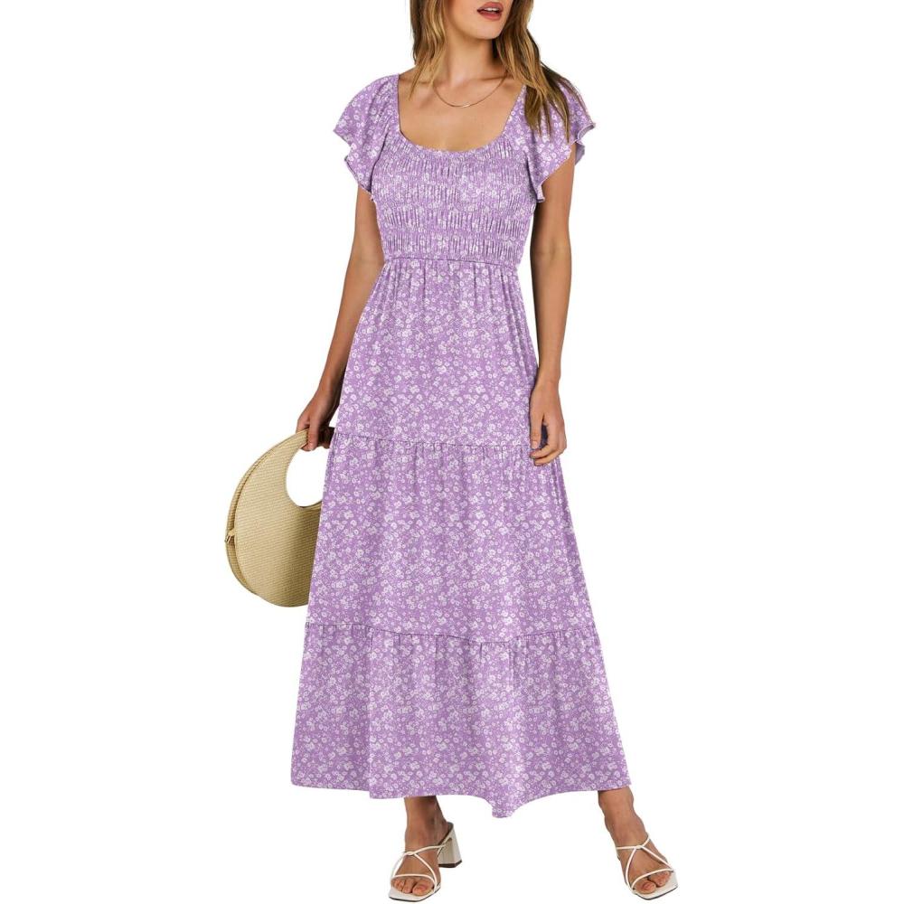 imageANRABESS Womens Casual Summer Maxi Dress Flutter Short Sleeve Scoop Neck Smocked A Line Flowy Beach Vacation Long DressesPurple Floral