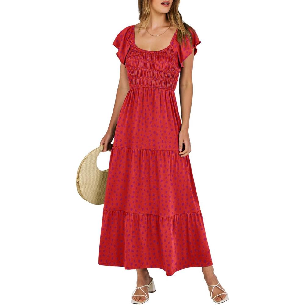 imageANRABESS Womens Casual Summer Maxi Dress Flutter Short Sleeve Scoop Neck Smocked A Line Flowy Beach Vacation Long DressesRed Floral