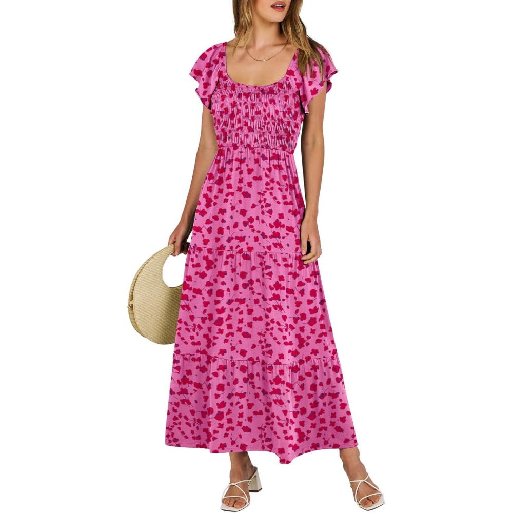 imageANRABESS Womens Casual Summer Maxi Dress Flutter Short Sleeve Scoop Neck Smocked A Line Flowy Beach Vacation Long DressesRose Red Floral