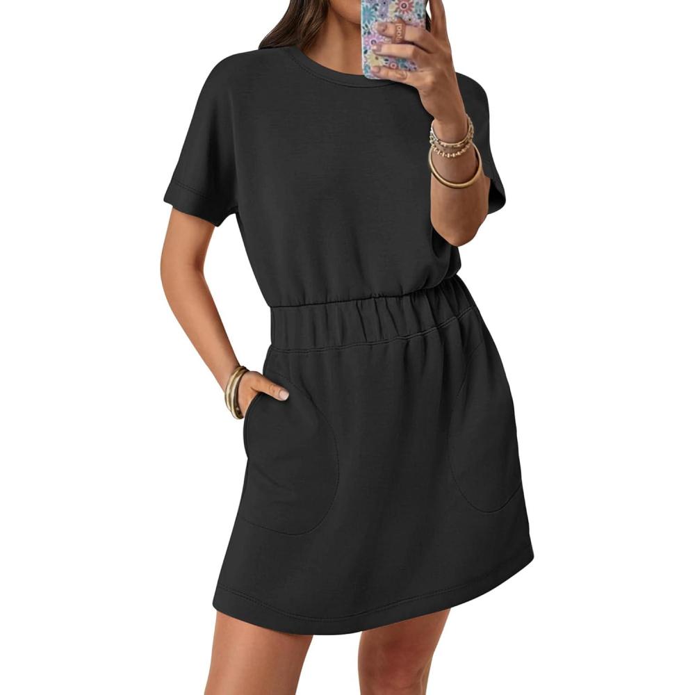 imageANRABESS Womens Dresses 2025 Summer Casual Short Sleeve Crew Neck Elastic Waist Mini T Shirt Dress with PocketsBlack