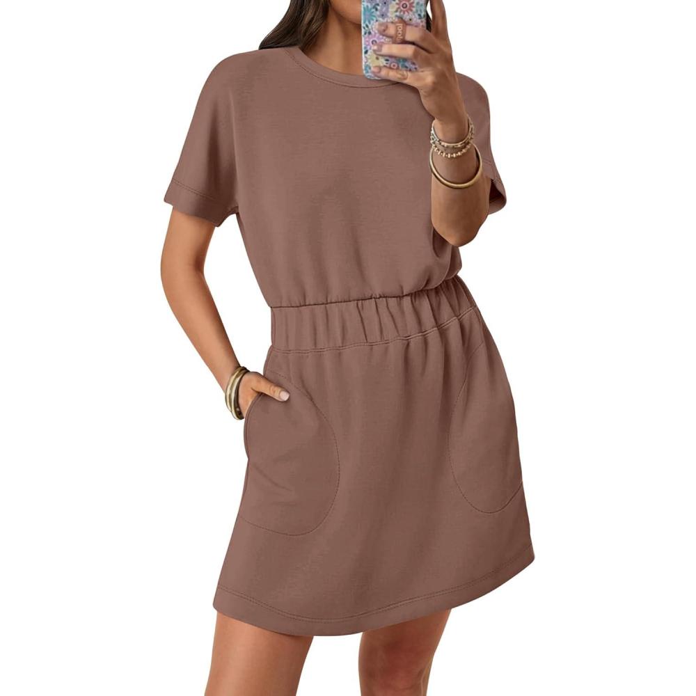 imageANRABESS Womens Dresses 2025 Summer Casual Short Sleeve Crew Neck Elastic Waist Mini T Shirt Dress with PocketsBrown