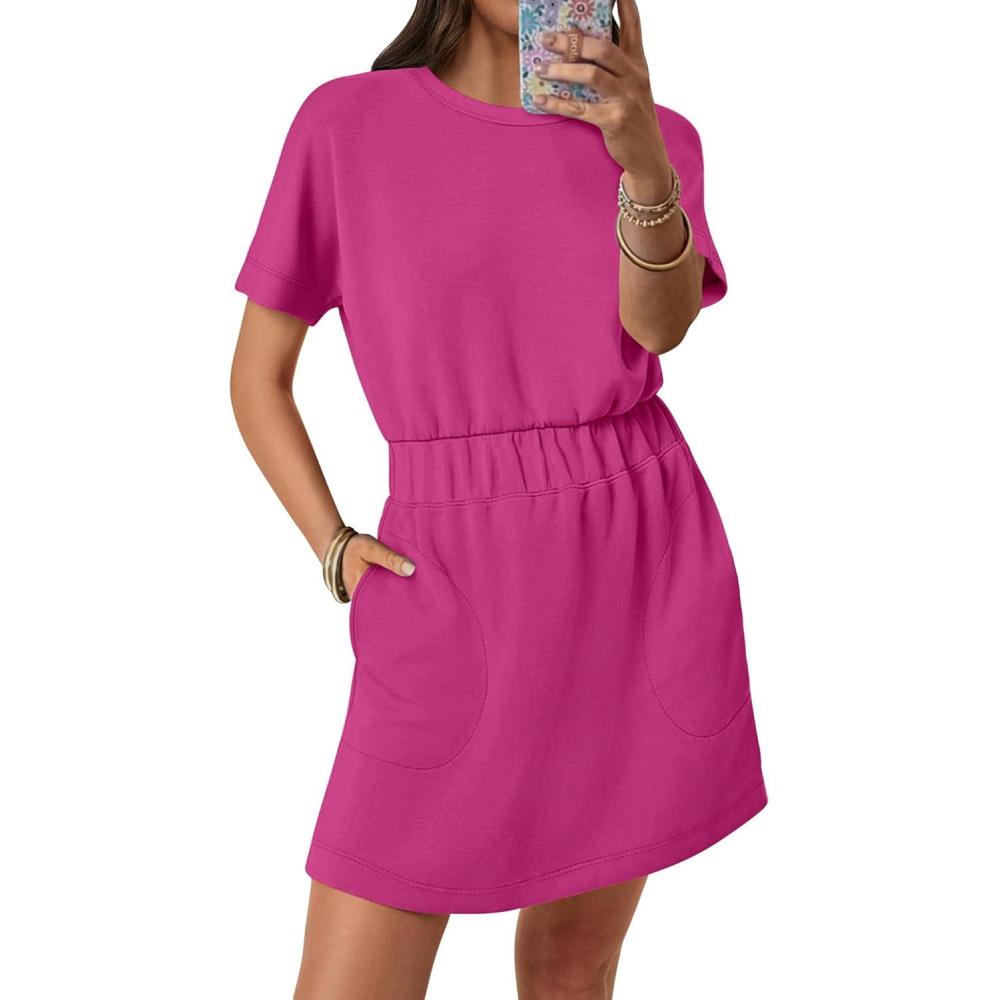 imageANRABESS Womens Dresses 2025 Summer Casual Short Sleeve Crew Neck Elastic Waist Mini T Shirt Dress with PocketsHot Pink