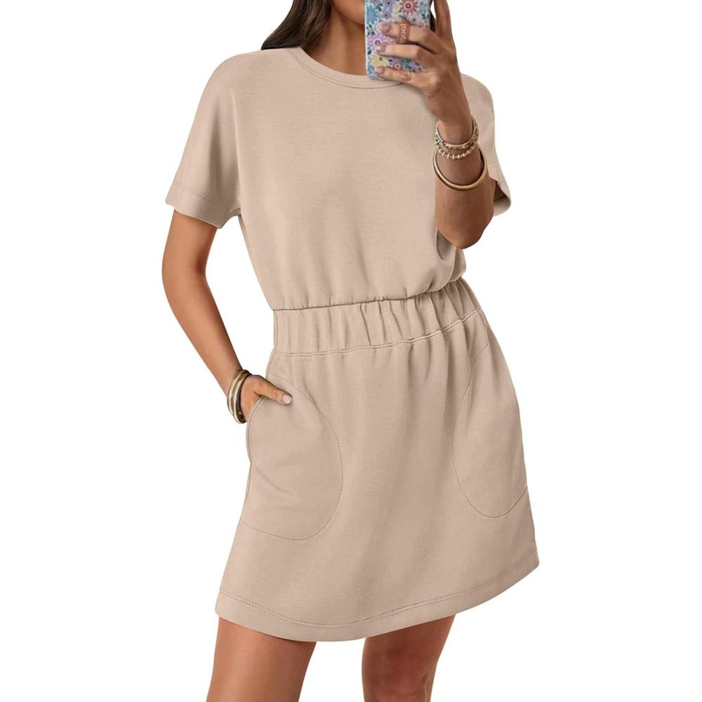 imageANRABESS Womens Dresses 2025 Summer Casual Short Sleeve Crew Neck Elastic Waist Mini T Shirt Dress with PocketsKhaki