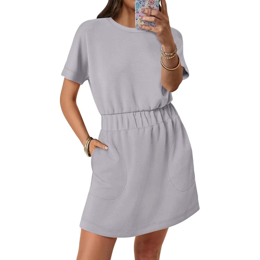imageANRABESS Womens Dresses 2025 Summer Casual Short Sleeve Crew Neck Elastic Waist Mini T Shirt Dress with PocketsLight Grey