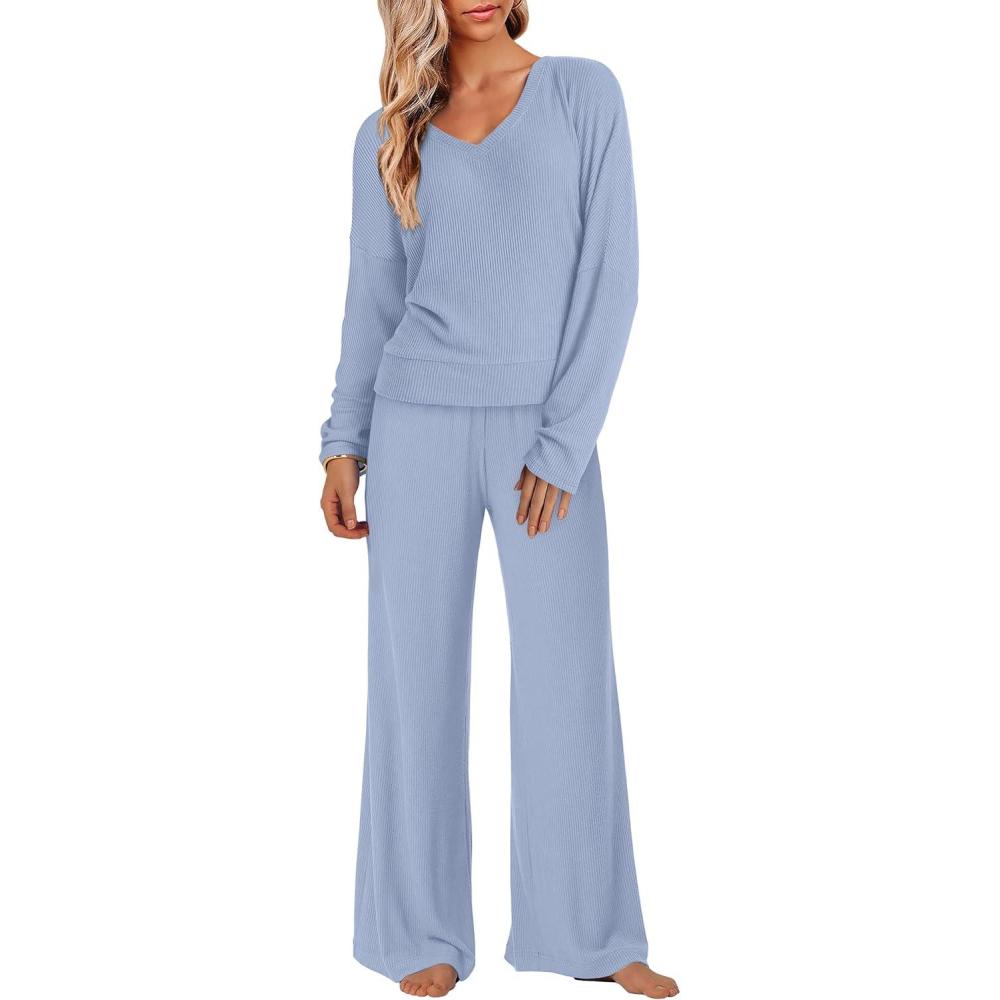 imageANRABESS Womens Fleece Pajama Sets 2 Piece Outfits Matching Lounge Set Casual Ribbed Knit Long Sleeve Pj 2025 Fall SleepwearSky