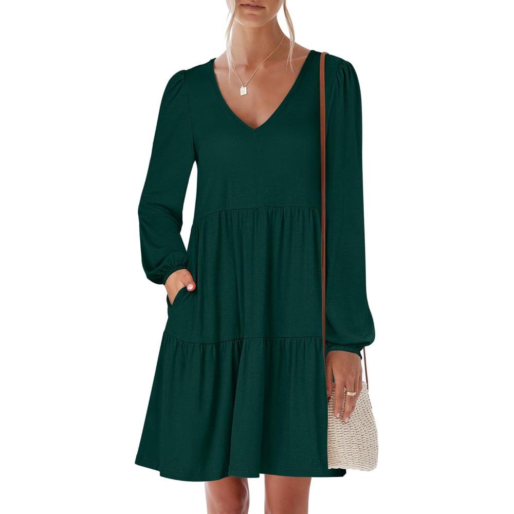 imageANRABESS Womens Long Sleeve Dress 2025 Fall Casual V Neck Tiered Flowy Short Dresses Beach Travel Vacation OutfitsDeep Green