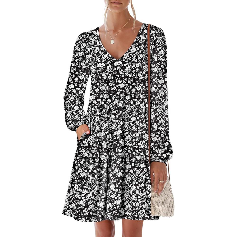 imageANRABESS Womens Long Sleeve Dress 2025 Fall Casual V Neck Tiered Flowy Short Dresses Beach Travel Vacation OutfitsFloral Black