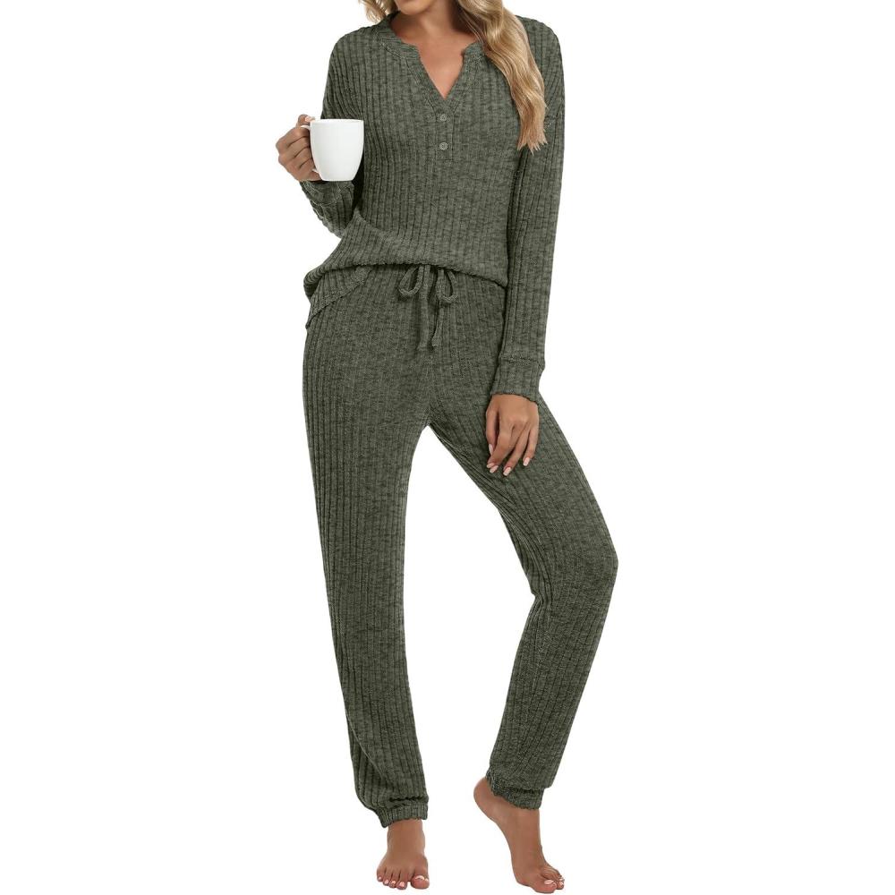 imageANRABESS Womens Lounge Set 2025 Fall 2 Piece Outfit Long Sleeve Pajamas Sets Henley Top ampamp Pants Loungewear ClothingArmy Green
