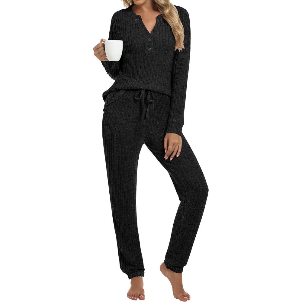imageANRABESS Womens Lounge Set 2025 Fall 2 Piece Outfit Long Sleeve Pajamas Sets Henley Top ampamp Pants Loungewear ClothingBlack