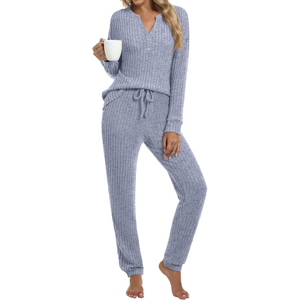 imageANRABESS Womens Lounge Set 2025 Fall 2 Piece Outfit Long Sleeve Pajamas Sets Henley Top ampamp Pants Loungewear ClothingBlue