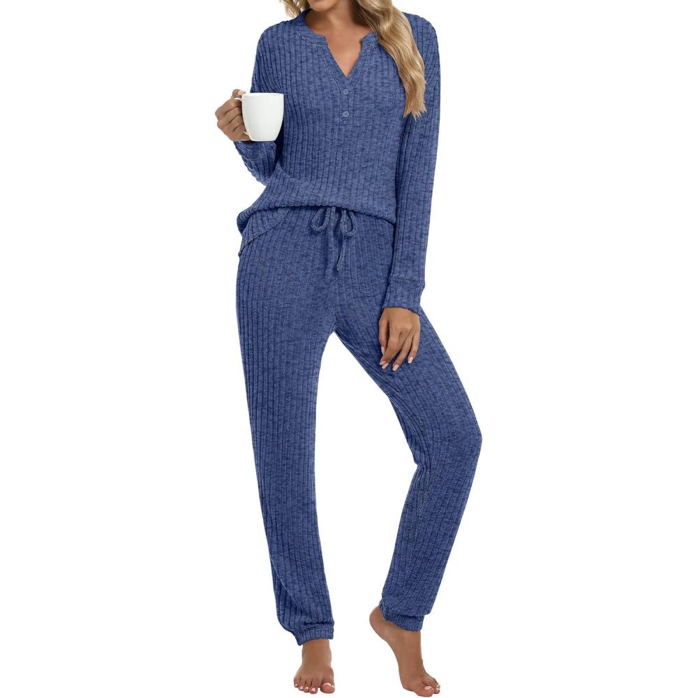 imageANRABESS Womens Lounge Set 2025 Fall 2 Piece Outfit Long Sleeve Pajamas Sets Henley Top ampamp Pants Loungewear ClothingDark Blue