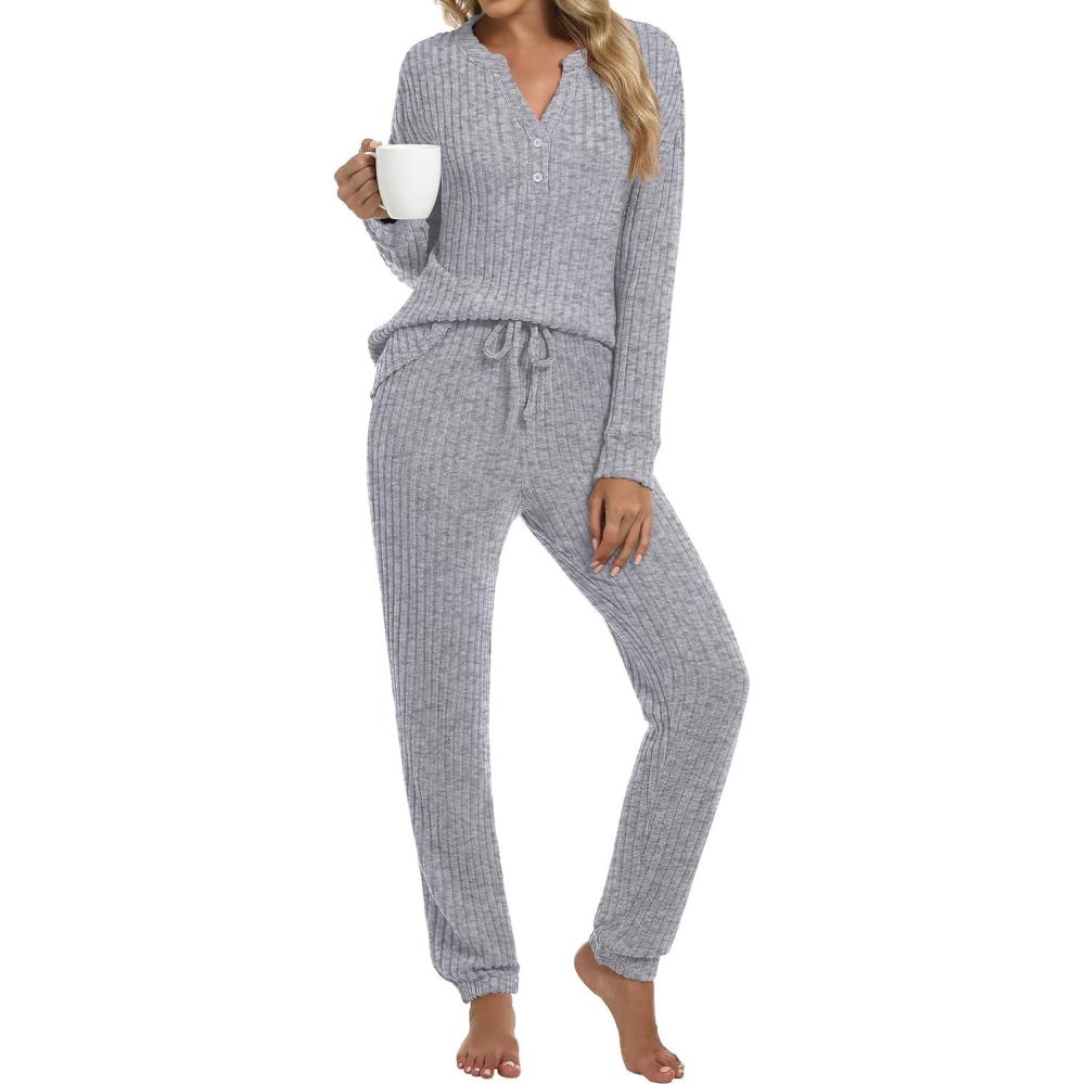 imageANRABESS Womens Lounge Set 2025 Fall 2 Piece Outfit Long Sleeve Pajamas Sets Henley Top ampamp Pants Loungewear ClothingGrey