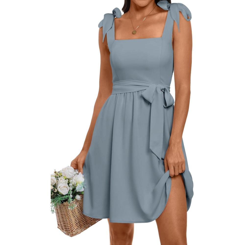 imageANRABESS Womens Sleeveless Tie Strap Mini Dress Summer Square Neck Smocked A Line Swing Elegant Cute Cocktail Short DressesGrey Blue