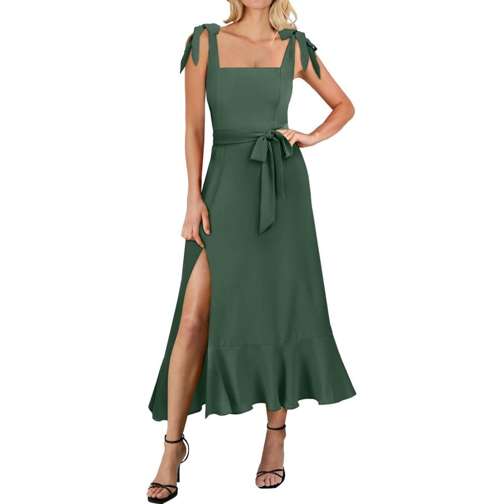 imageANRABESS Womens Square Neck Ruffle Split Midi Elegant Formal Wedding Guest Cocktail Bridesmaid Graduation Party DressesGreen