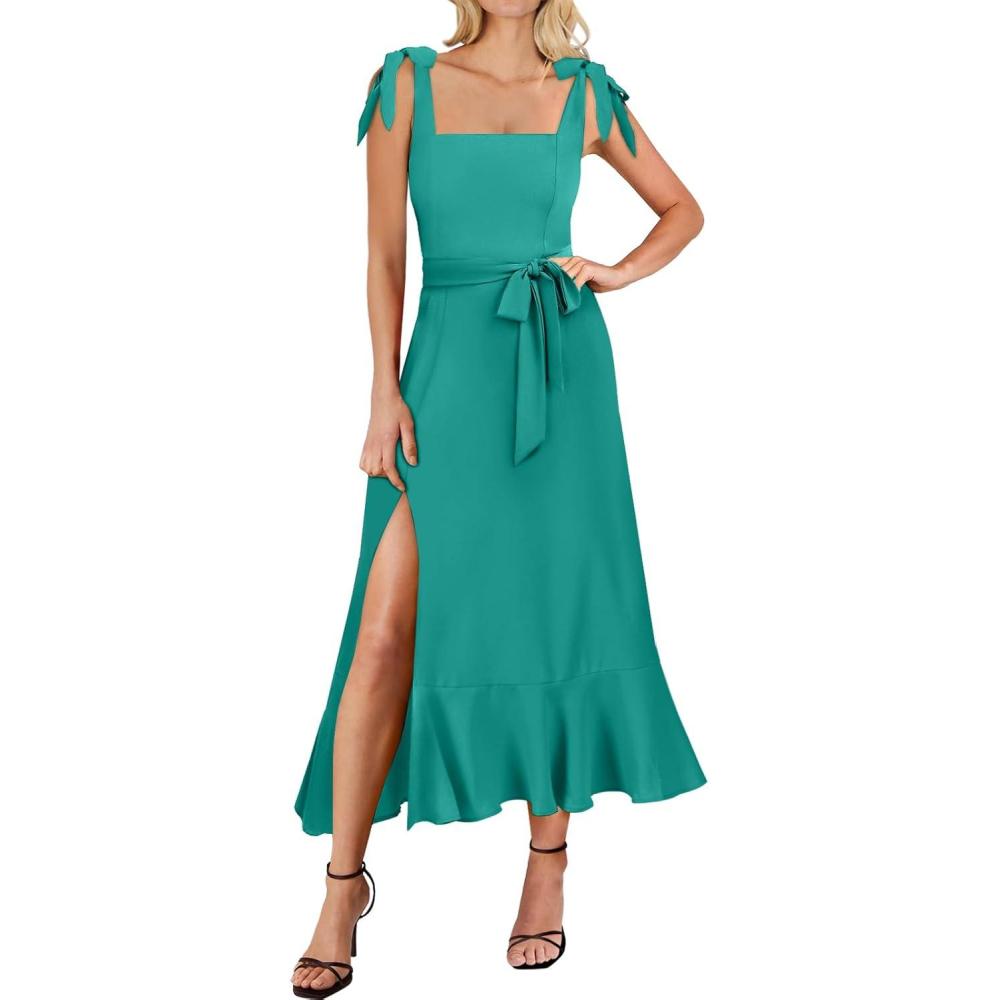 imageANRABESS Womens Square Neck Ruffle Split Midi Elegant Formal Wedding Guest Cocktail Bridesmaid Graduation Party DressesLake Green