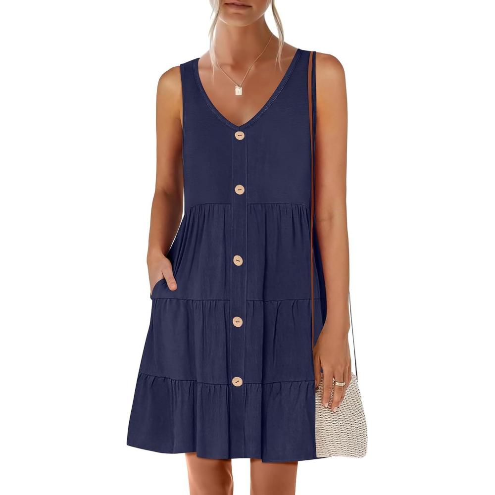 imageANRABESS Womens Summer Beach Vacation Dresses V Neck Sleeveless Casual Button Down A Line Swing Mini Sundresses with PocketsDeep Blue